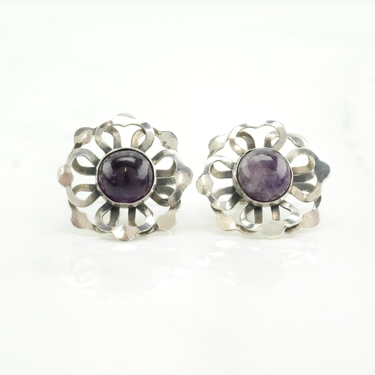 Taxco Style Sterling Silver Amethyst Floral Earrings Screw back