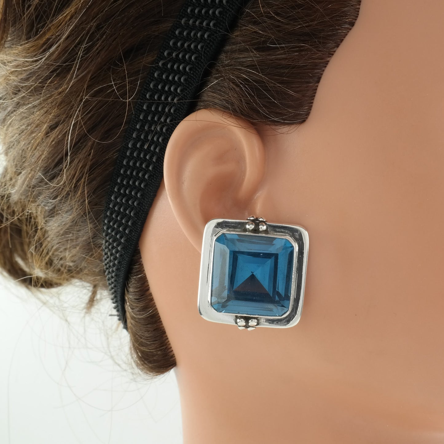 Modernist Sterling Silver Blue Large, Topaz Square Earrings Clip on