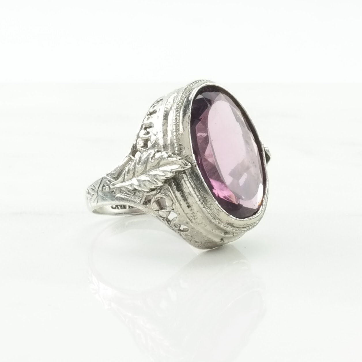 Vintage Art Deco Revival Silver Ring Amethyst Filigree Sterling Purple Size 5 1/2