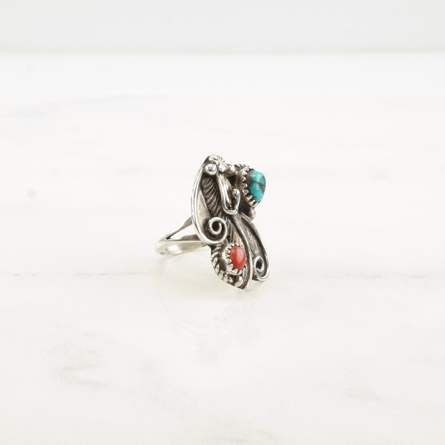 Vintage Native American Silver Ring Turquoise Coral Leaf Flower Sterling Size 6