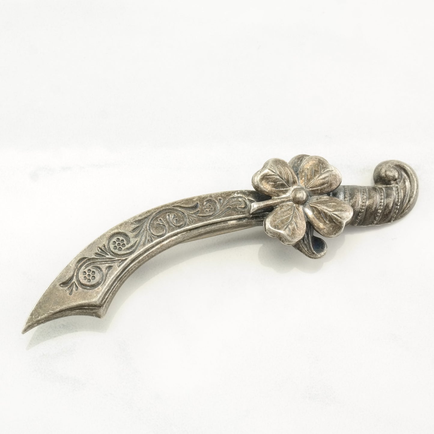 Vintage Brooch Floral, Four Leaf Clover Scimitar Sterling Silver