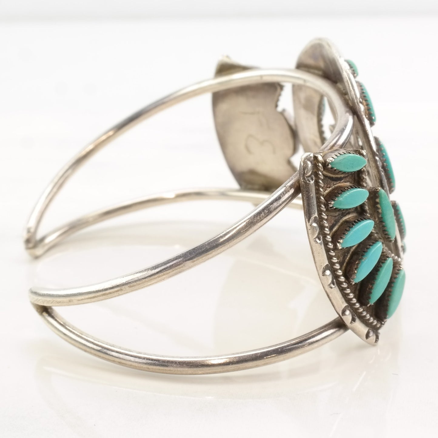 Native American Sterling Silver Turquoise Leaf Cluster Needle Point Cuff Bracelet