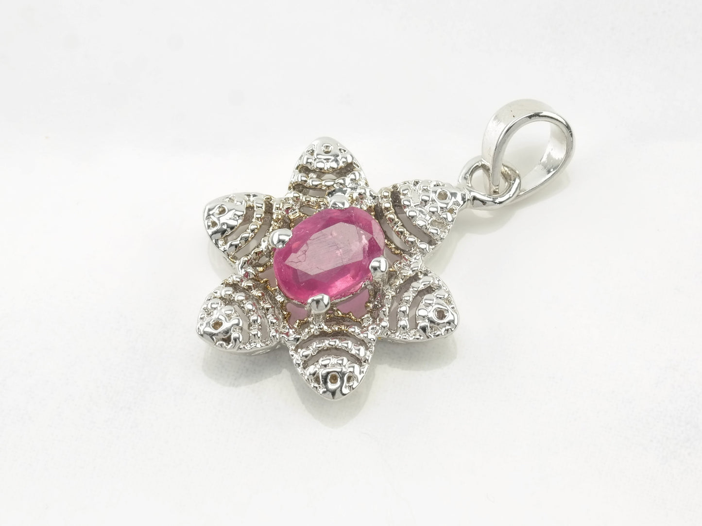 Vintage Treated Ruby CZ Floral Sterling Silver Pendant