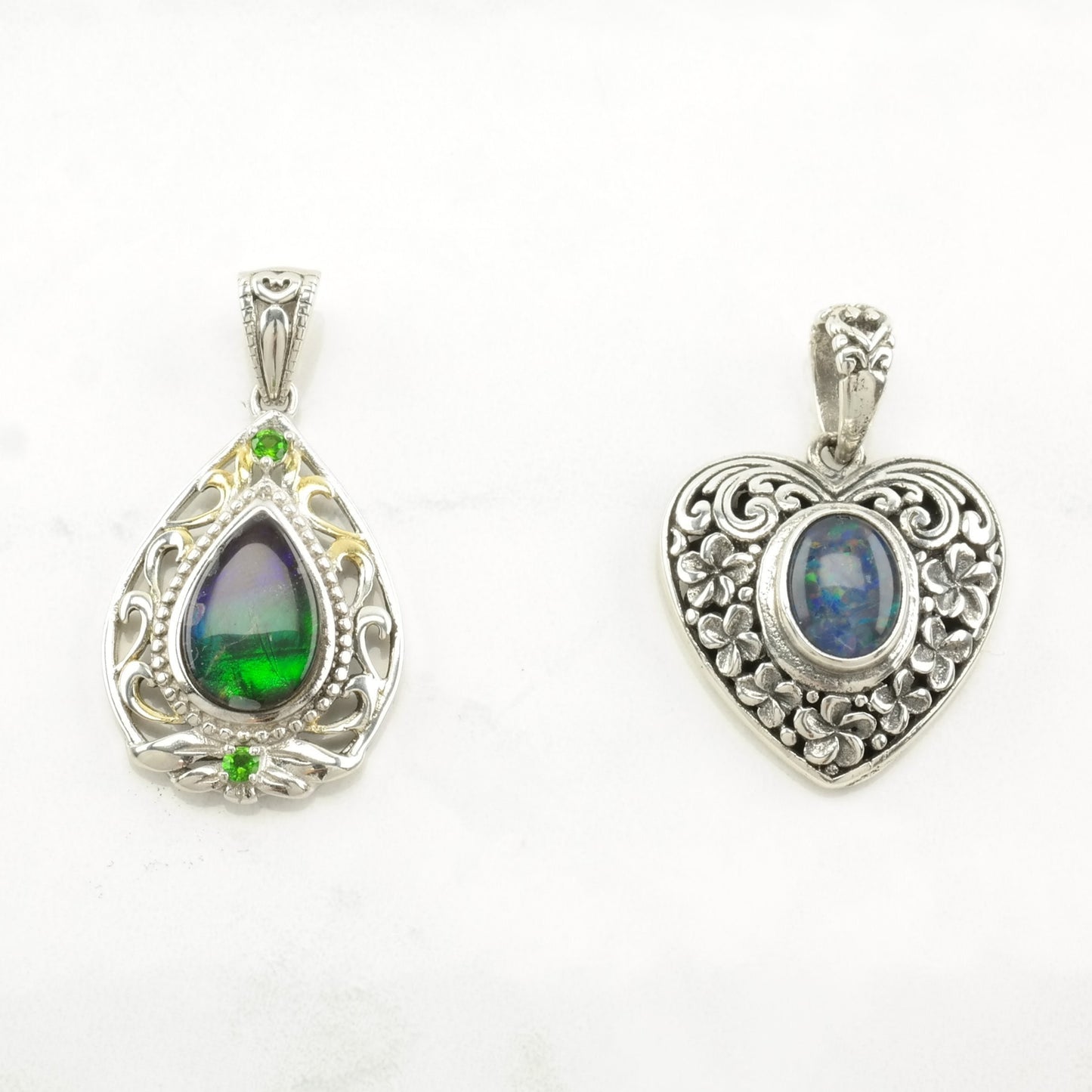 Vintage Gemstone, Diopside, Opal Teardrop, Heart Sterling Silver Pendant