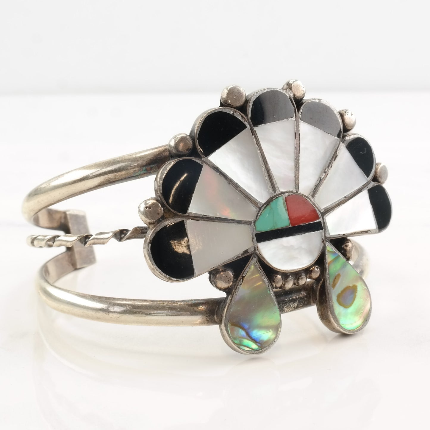 Native American Sterling Silver Cuff Bracelet | Gemstone Sun Inlay | Southwestern Jewelry