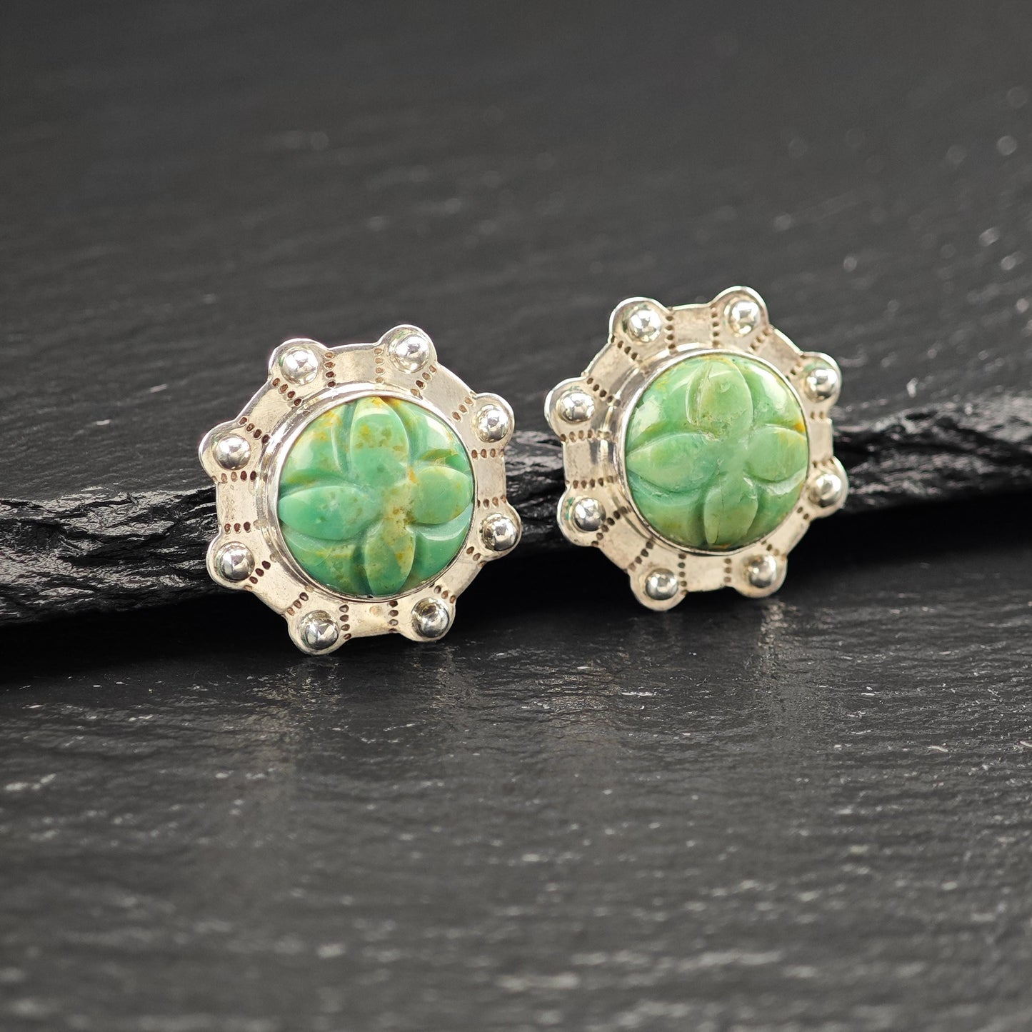 Green Gemstone Carved Floral Stud Earrings Sterling Silver