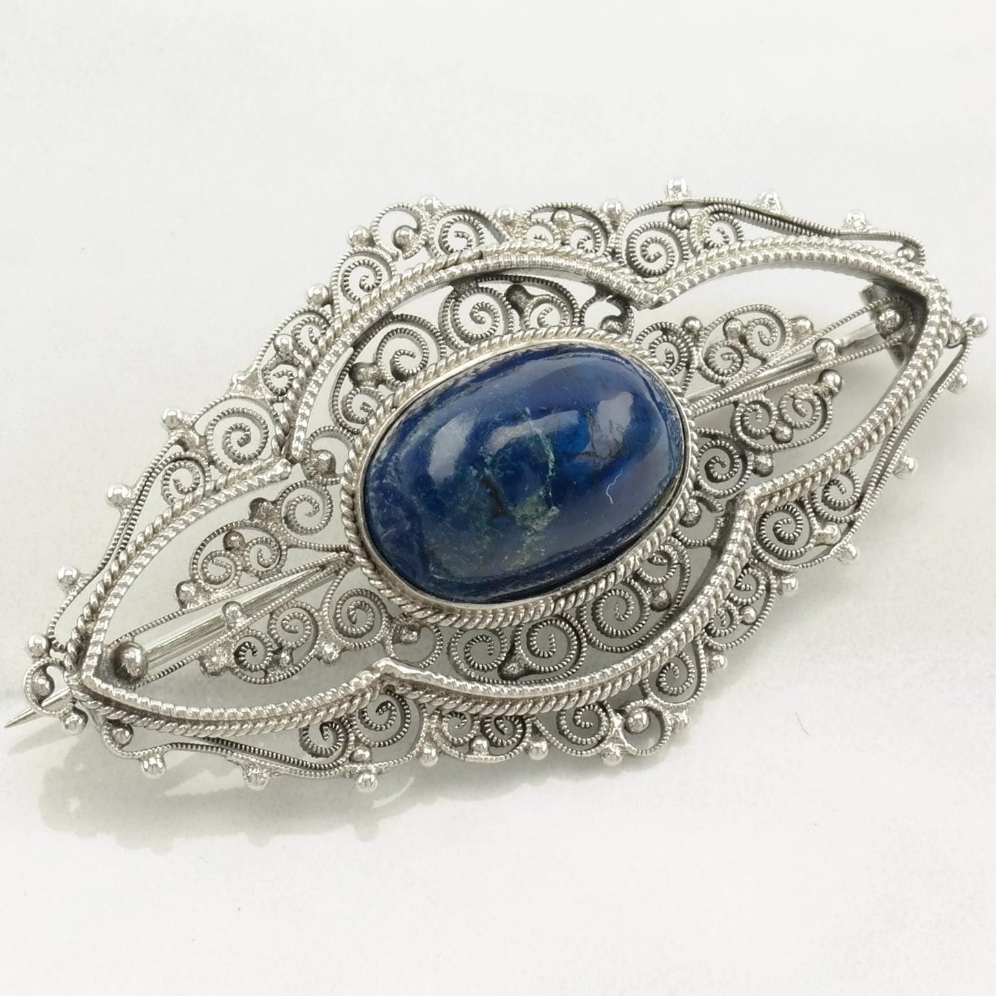 Italian Sterling Silver Brooch Filigree Lapis Lazuli