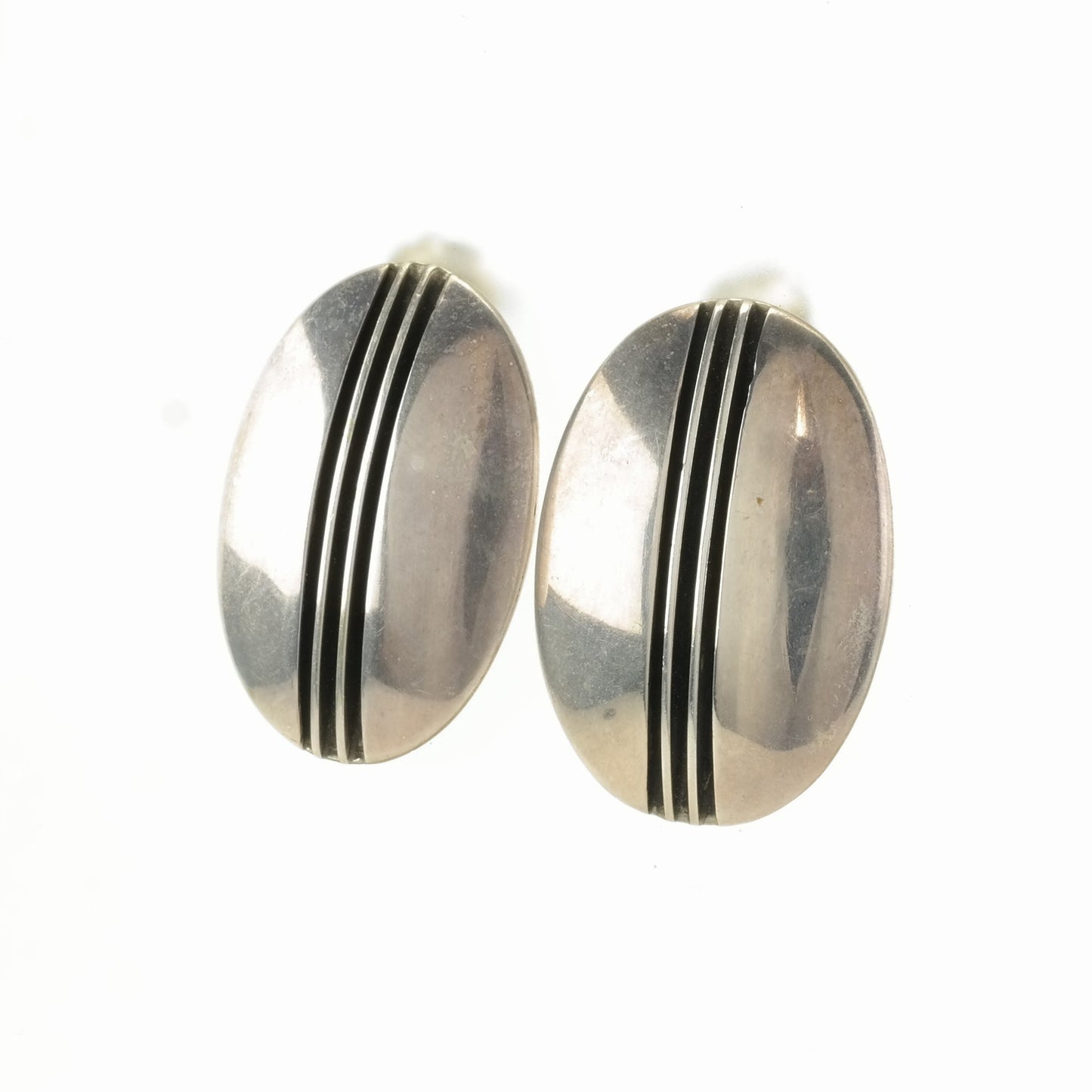 Vintage Stud Earrings Sterling Silver Oval Hollow Incise