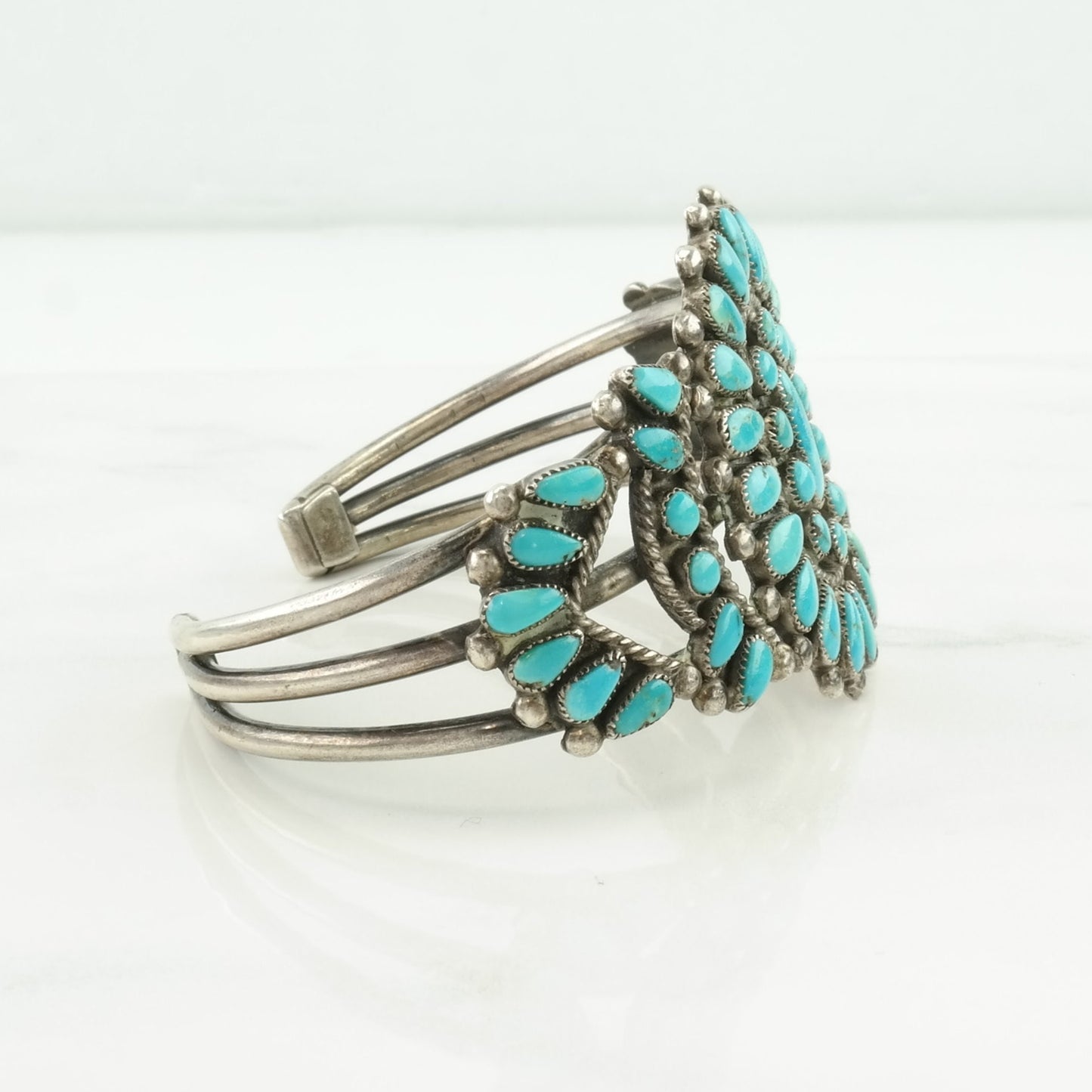 Vintage Native American Sterling Silver Cuff Bracelet Blue Turquoise, Petit Point Floral