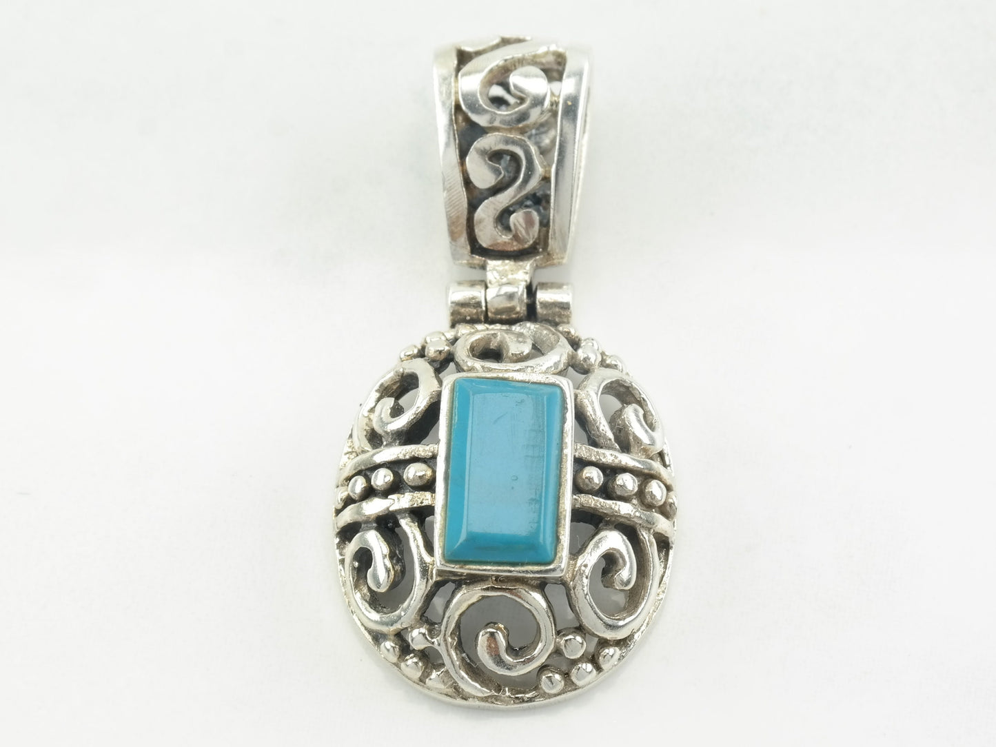 Vintage Block Turquoise Filigree Sterling Silver Pendant