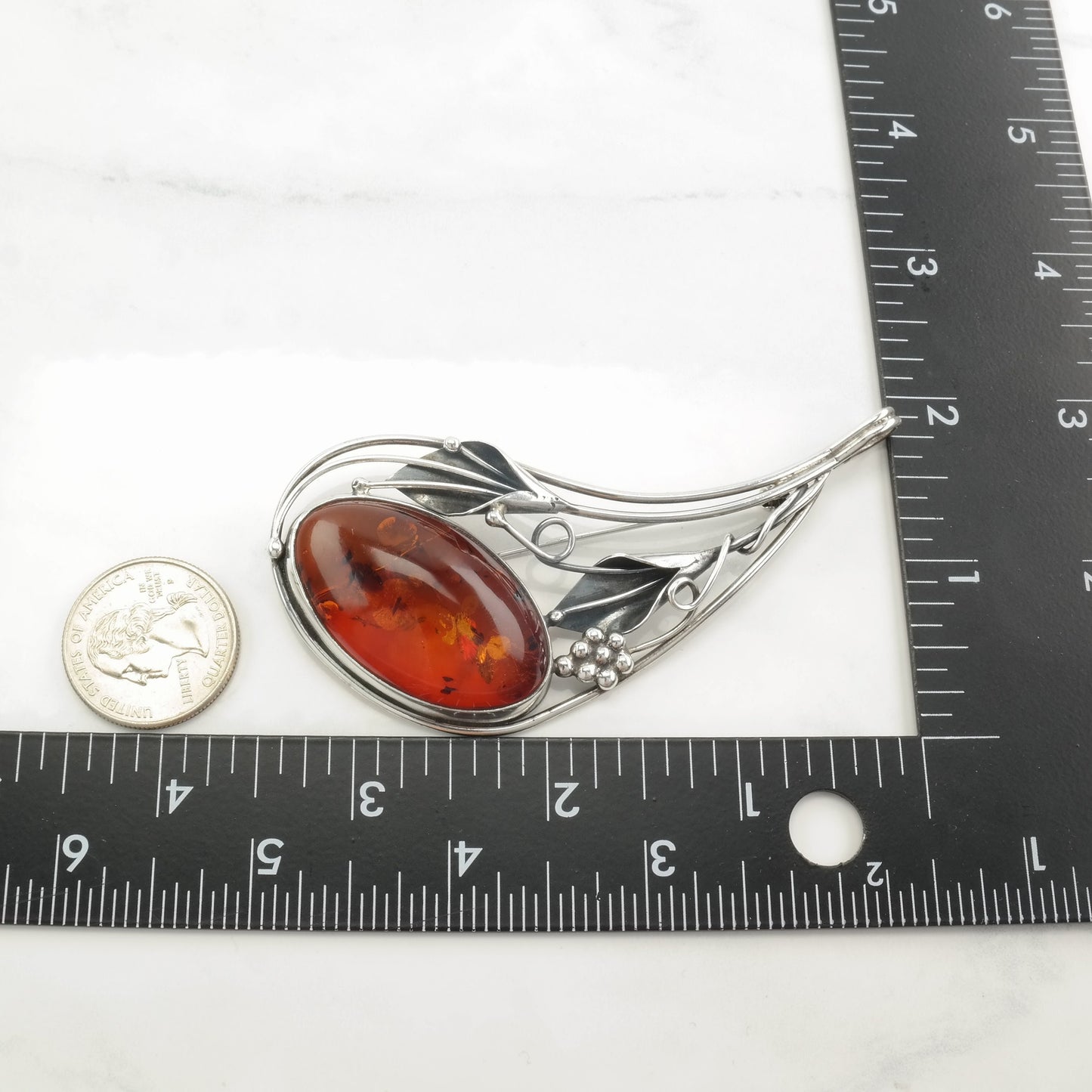 Silver Brooch Pendant Floral Baltic Amber Sterling B1658