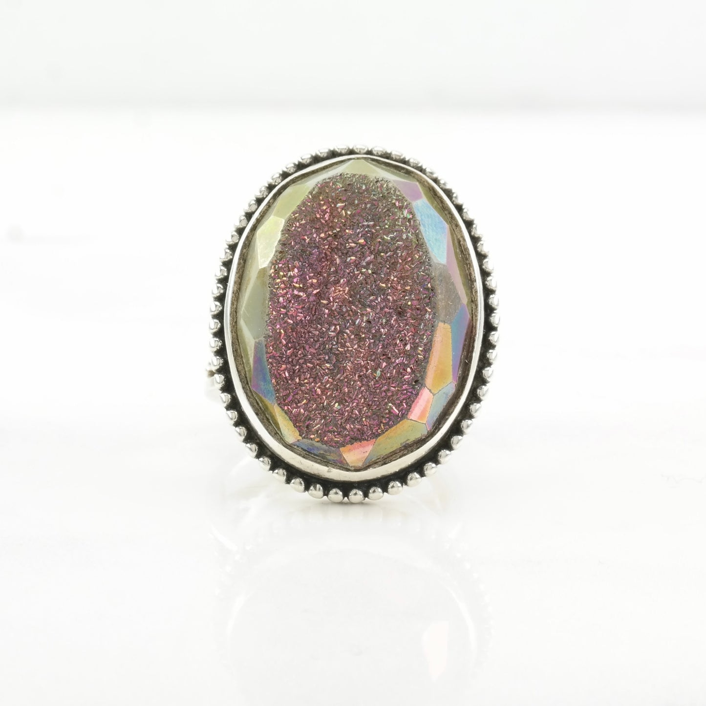 Vintage Sterling Silver Ring Druzy Quartz Huge Pink Size 5 1/2