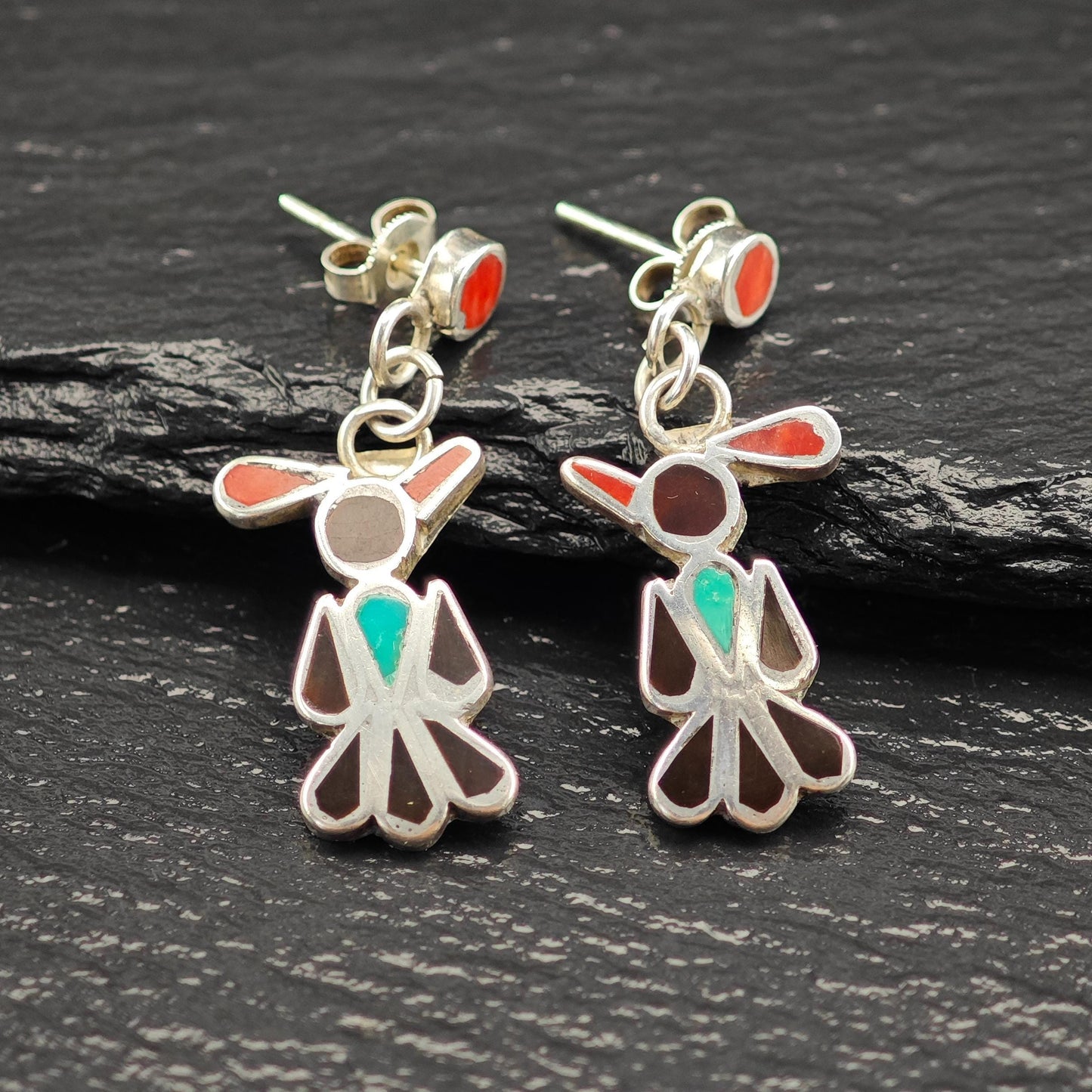 Zuni, Native American Inlay, Turquoise, Coral, Jet Thunderbird Stud/Dangle Earrings Sterling Silver