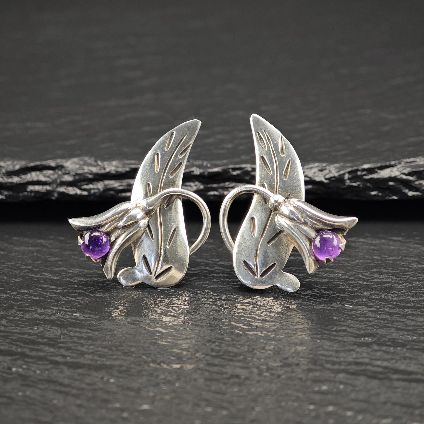Taxco Amethyst Floral, Screw Back Earrings Sterling Silver