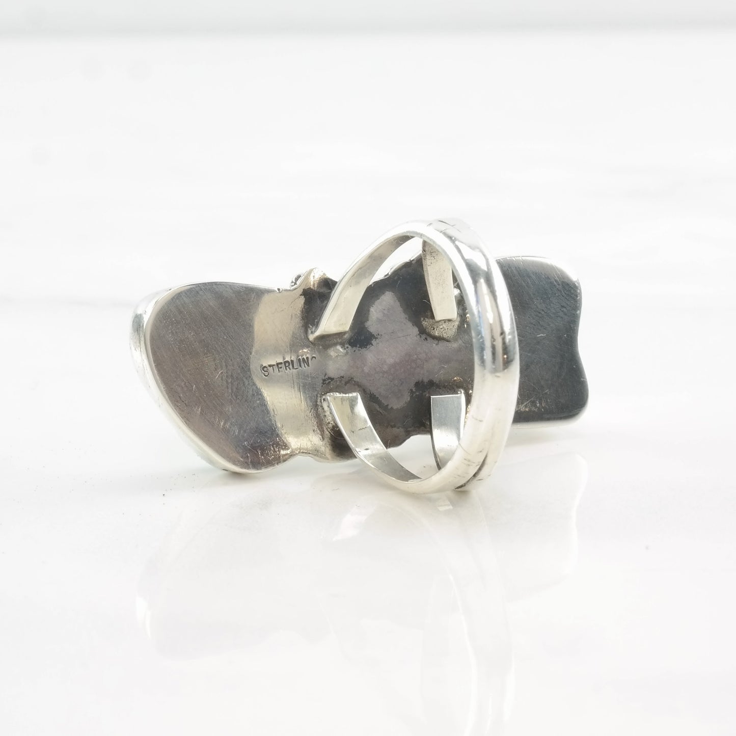 Vintage Native American Ring Two Stone Turquoise, Feather, Leaf Sterling Silver Size 7