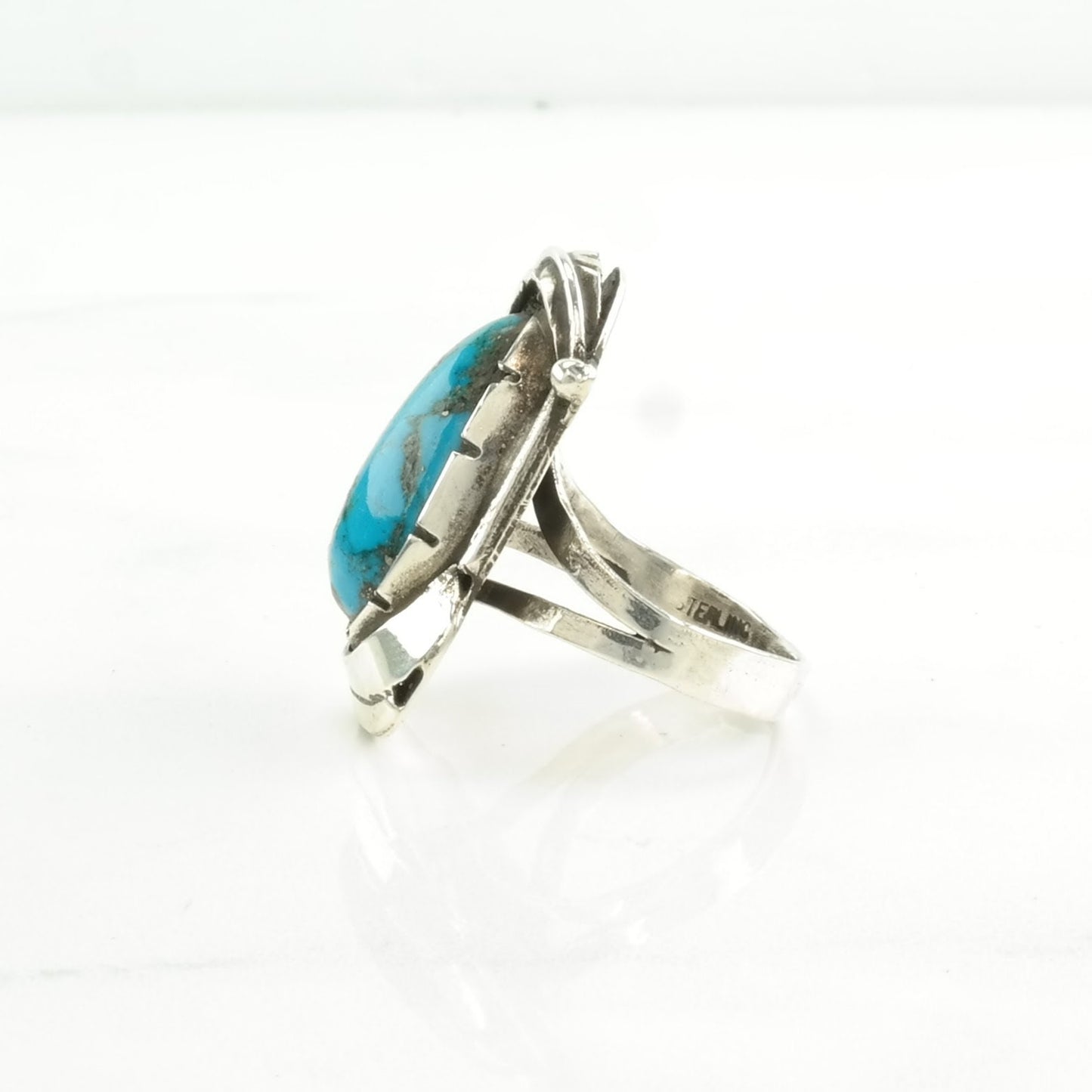 Vintage Southwest Silver Ring Turquoise Leaf Sterling Blue Size 7 1/2