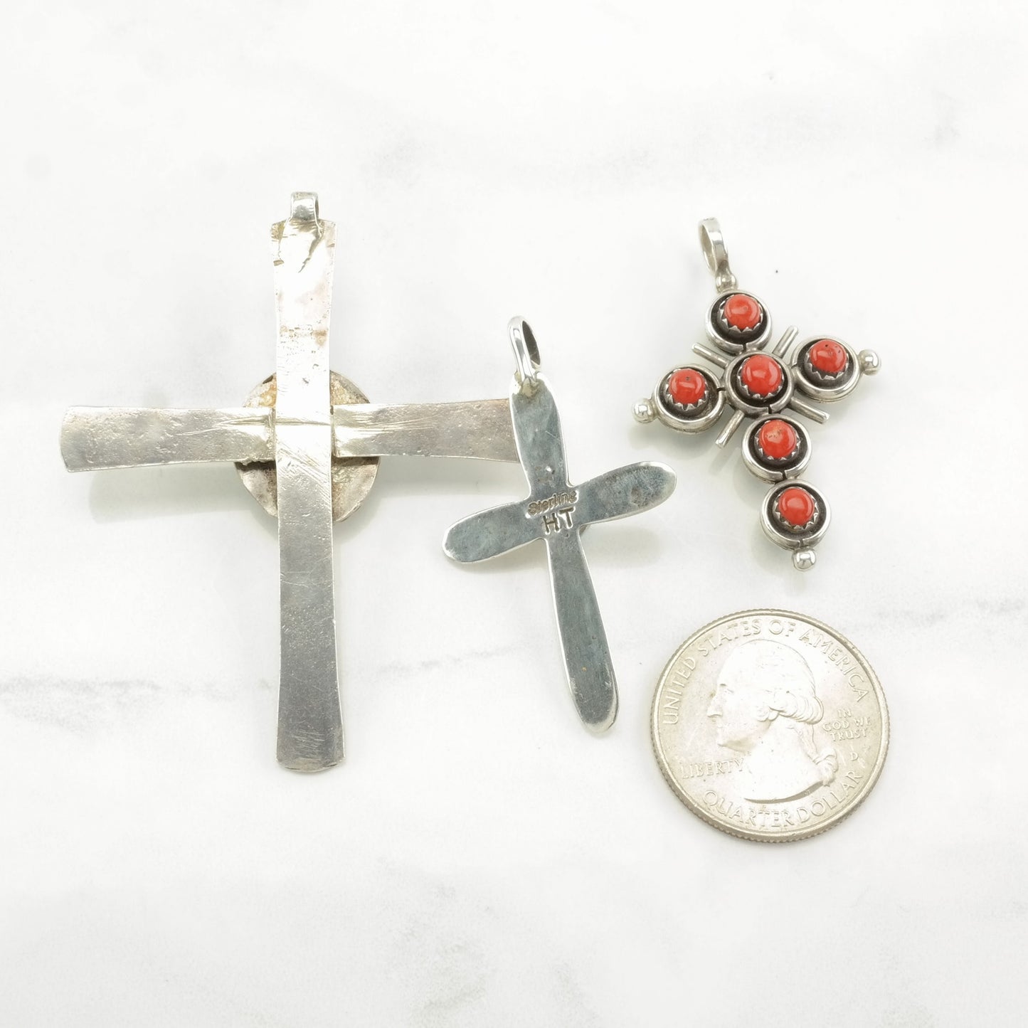 Vintage Native American Turquoise, Coral Cross Sterling Silver Pendant