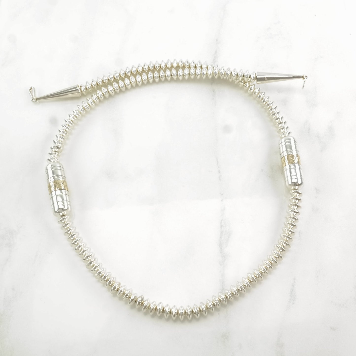 Vintage Native American Sterling Silver Beaded 14k Gold Accents Necklace