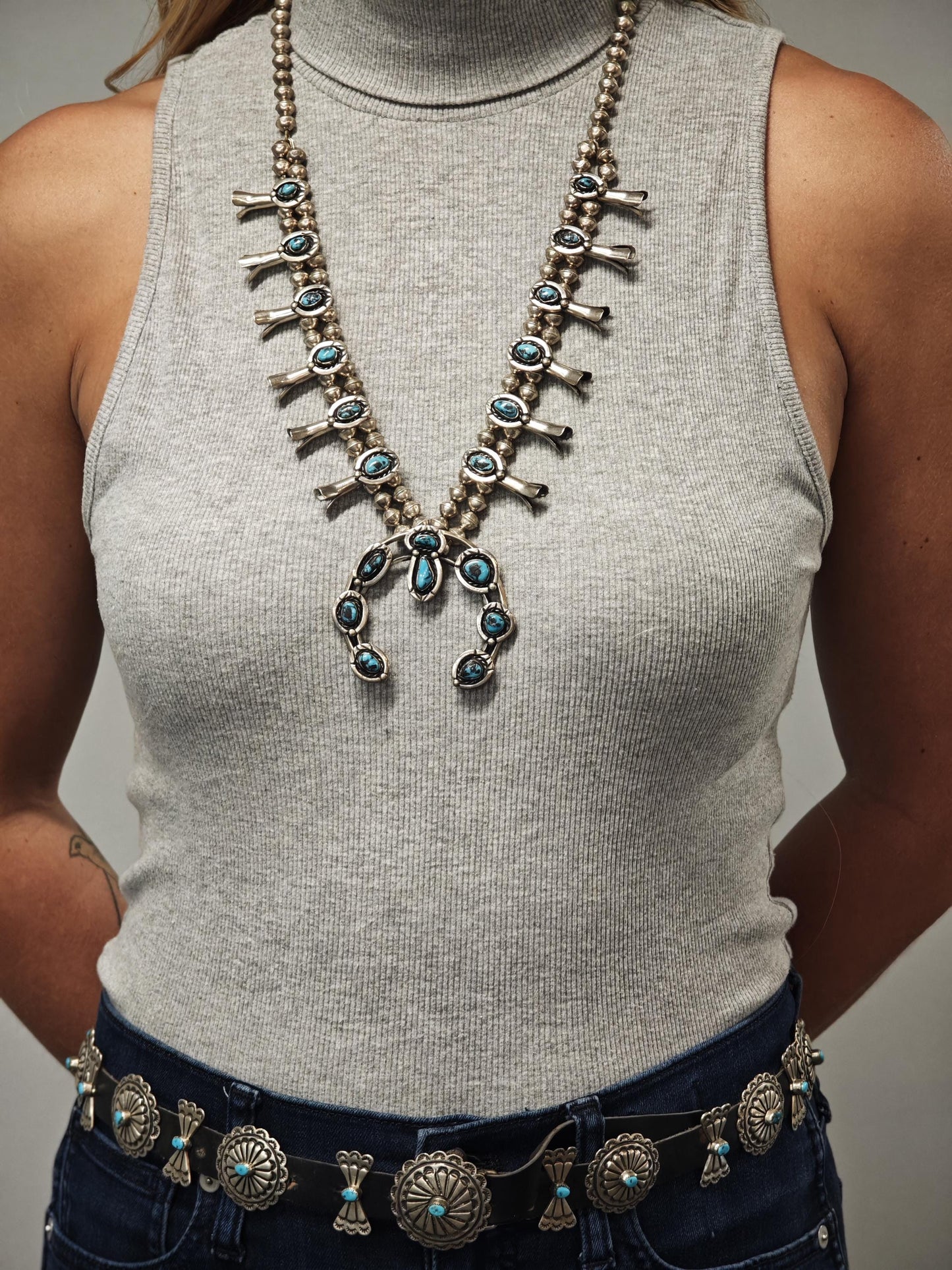 Native American Sterling Silver Leather Bow Turquoise Belt