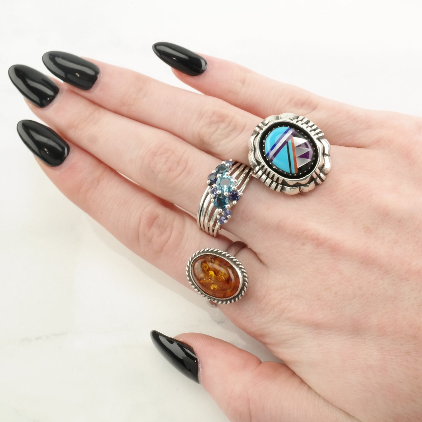 Southwest Sterling Silver Inlay Ring Size 6 1/2