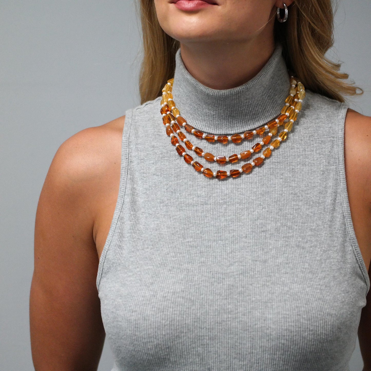 Mexican Fire Opal, Pearl Beaded Necklace 14K Yellow Gold N1781