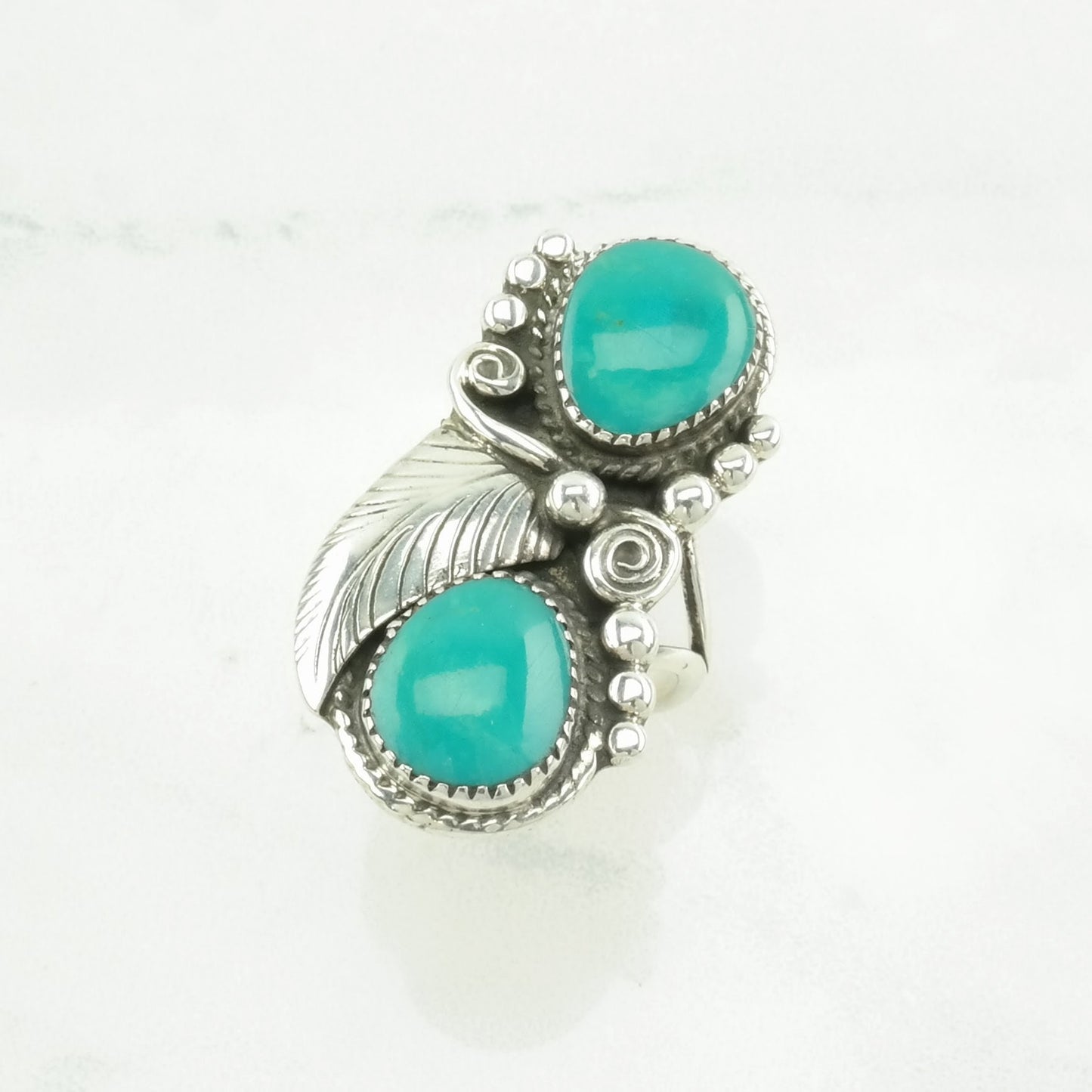 Vintage Native American Silver Ring Turquoise Leaf Sterling Blue Size 6 3/4