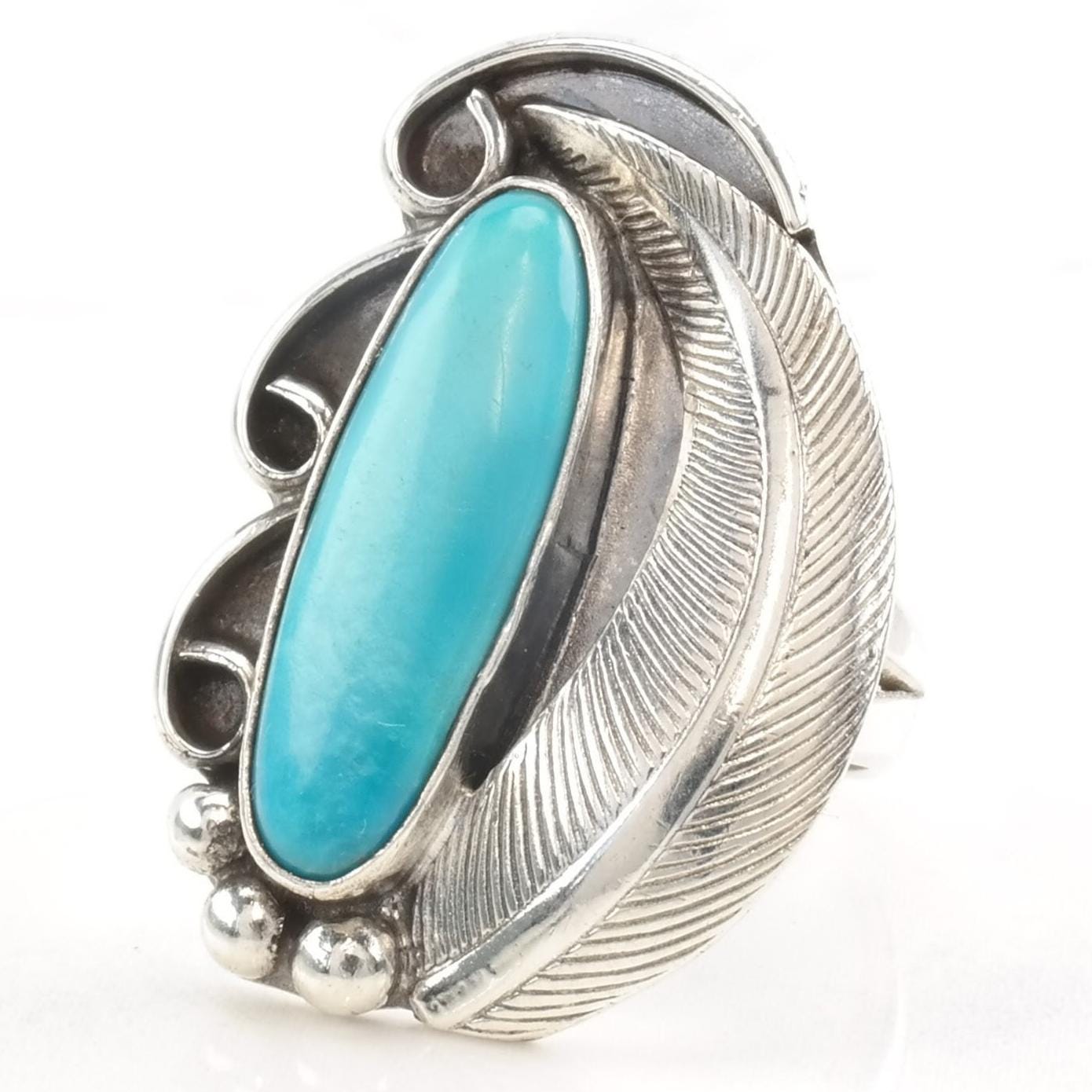 Vintage Native American Silver Ring Turquoise Feather Size 7 1/4