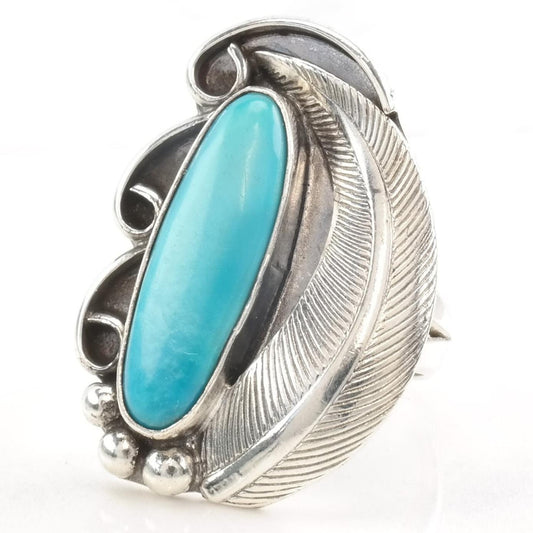 Vintage Native American Silver Ring Turquoise Feather Size 7 1/4