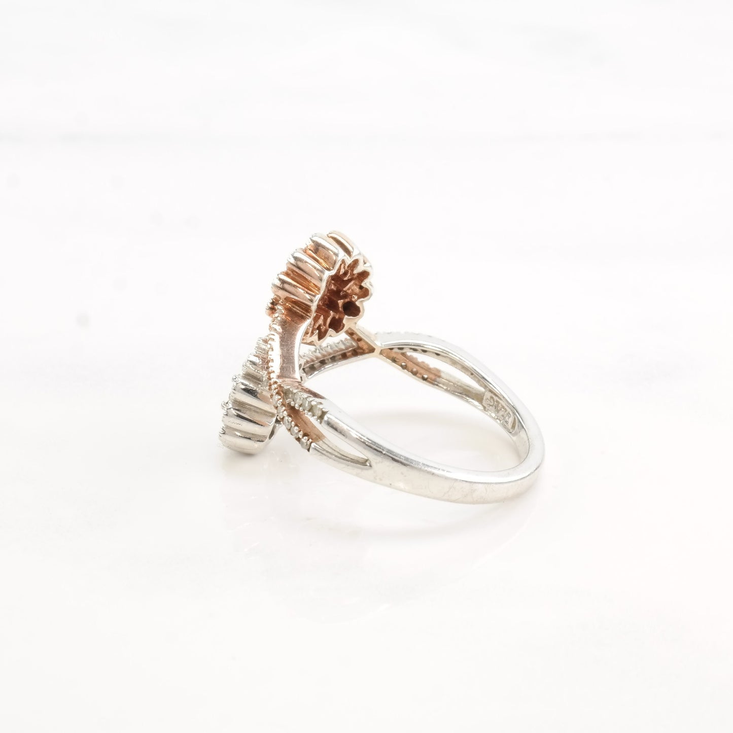 Vintage Sterling Silver Ring Diamond Flowers Rose Gold Plate Size 9