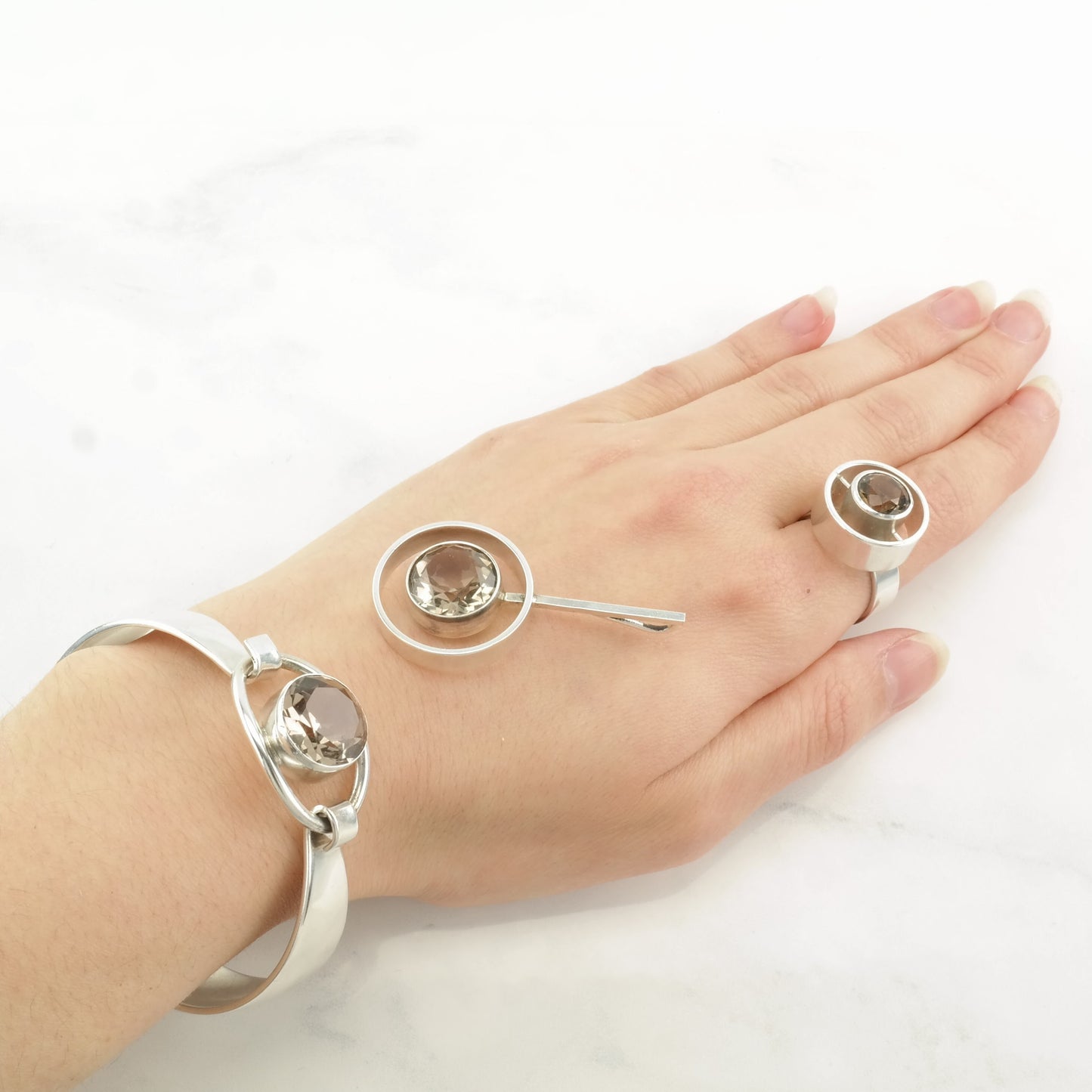 Smoky Quartz Sterling Silver Jewelry Set From Denmark