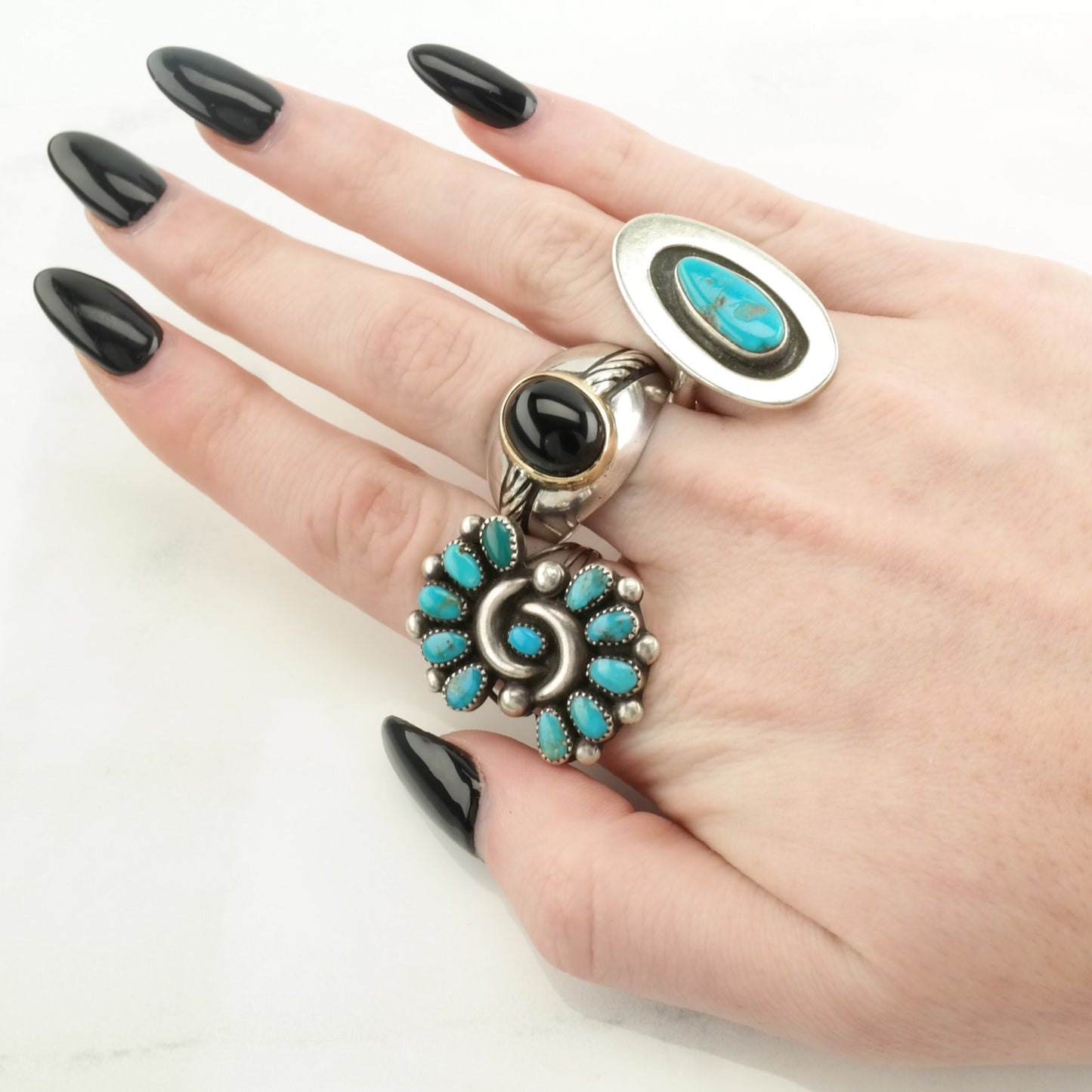 Vintage FM Silver Ring Onyx 14K Gold Bezel Sterling Black Size 10