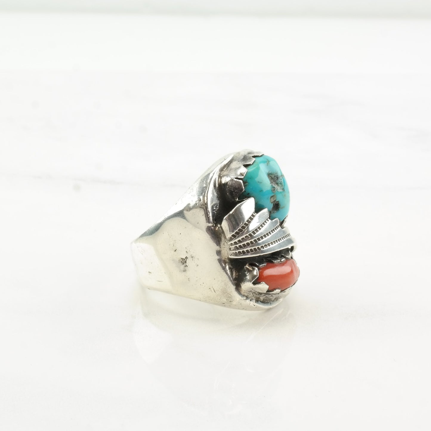 Native American Sterling Silver, Turquoise & Coral Ring | Southwestern Jewelry | Feather Design | Size 12