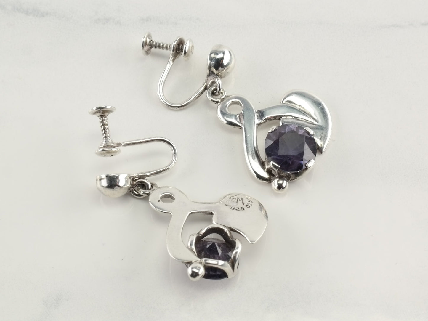 Taxco Sterling Silver Purple Corundum Leaf Earrings Screw Back