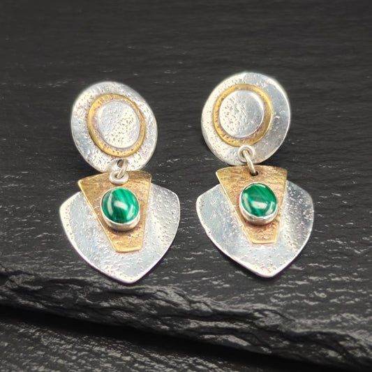 Modernist Green, Gold Malachite Brass Stud/Dangle Earrings Sterling Silver