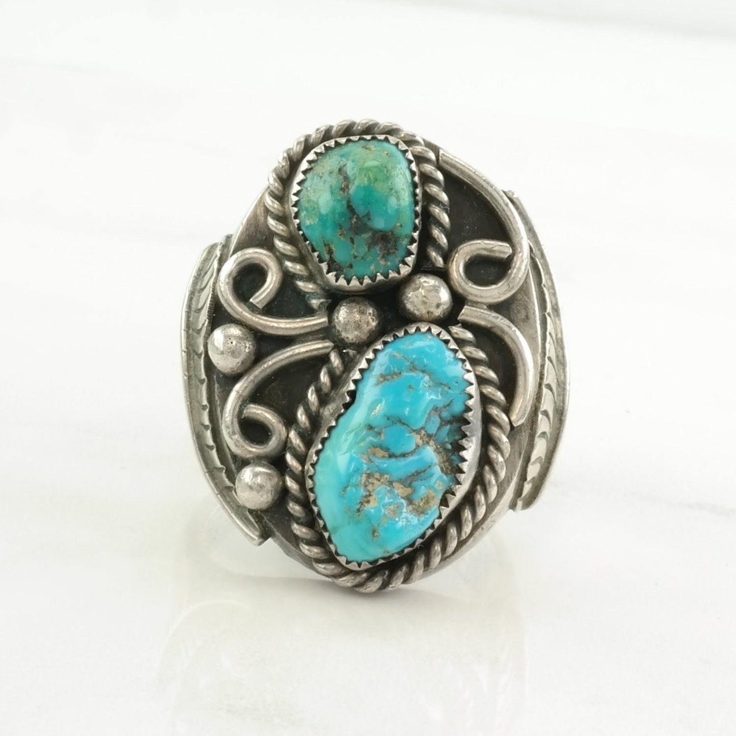 Vintage Native American Silver Ring Turquoise Leaf Sterling Blue Size 11 3/4