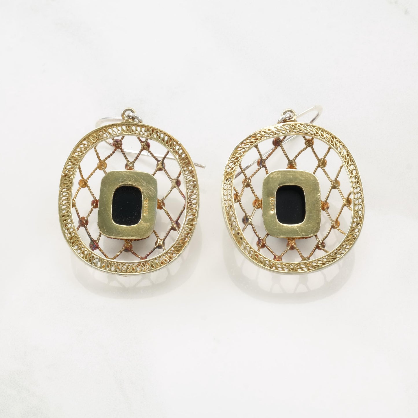 Vintage Black Onyx Gold Plated Net Sterling Silver Fish Hook Earrings