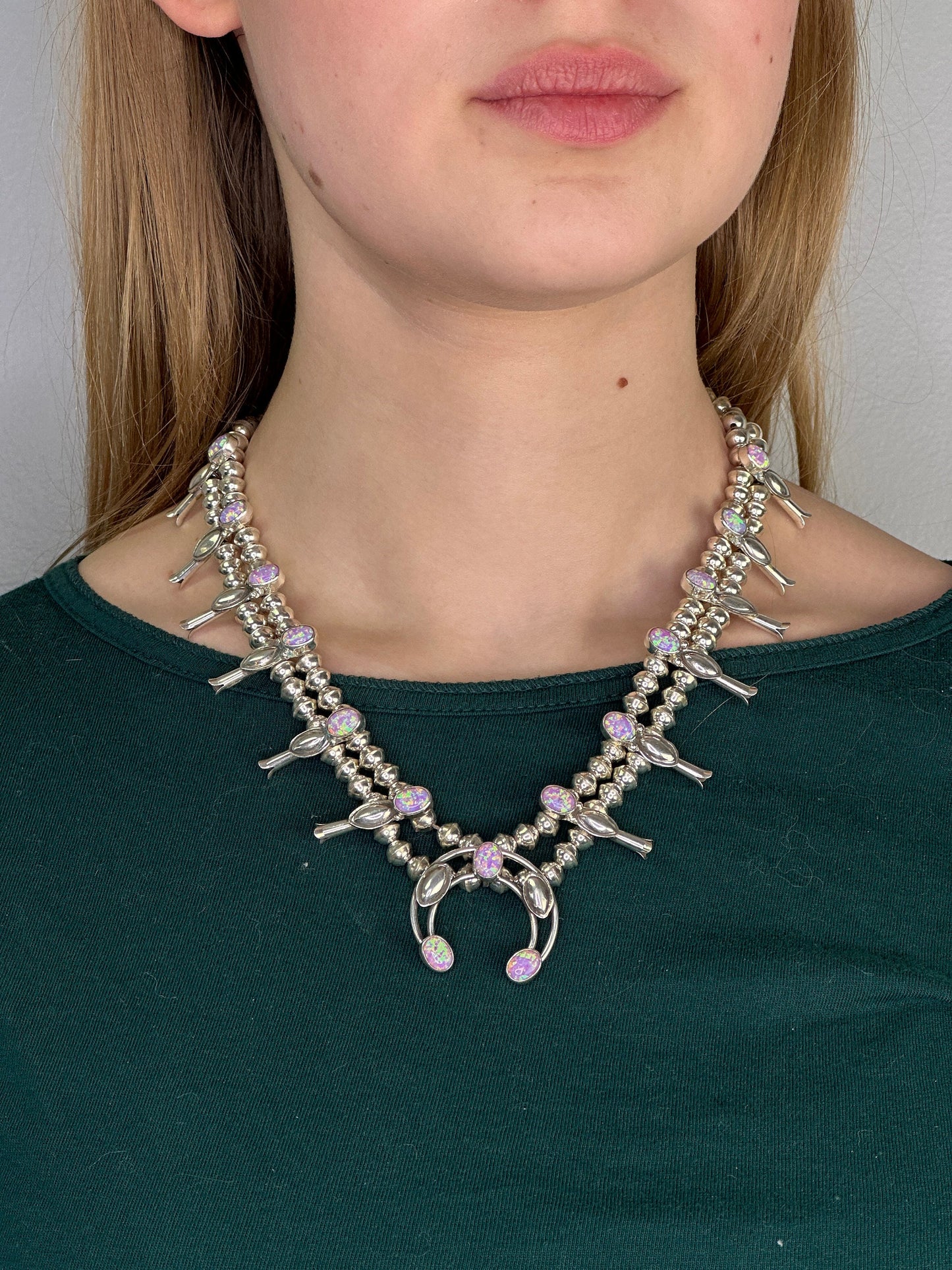 Vintage Native American Sterling Silver Pink Lab Opal Squash Blossom Necklace