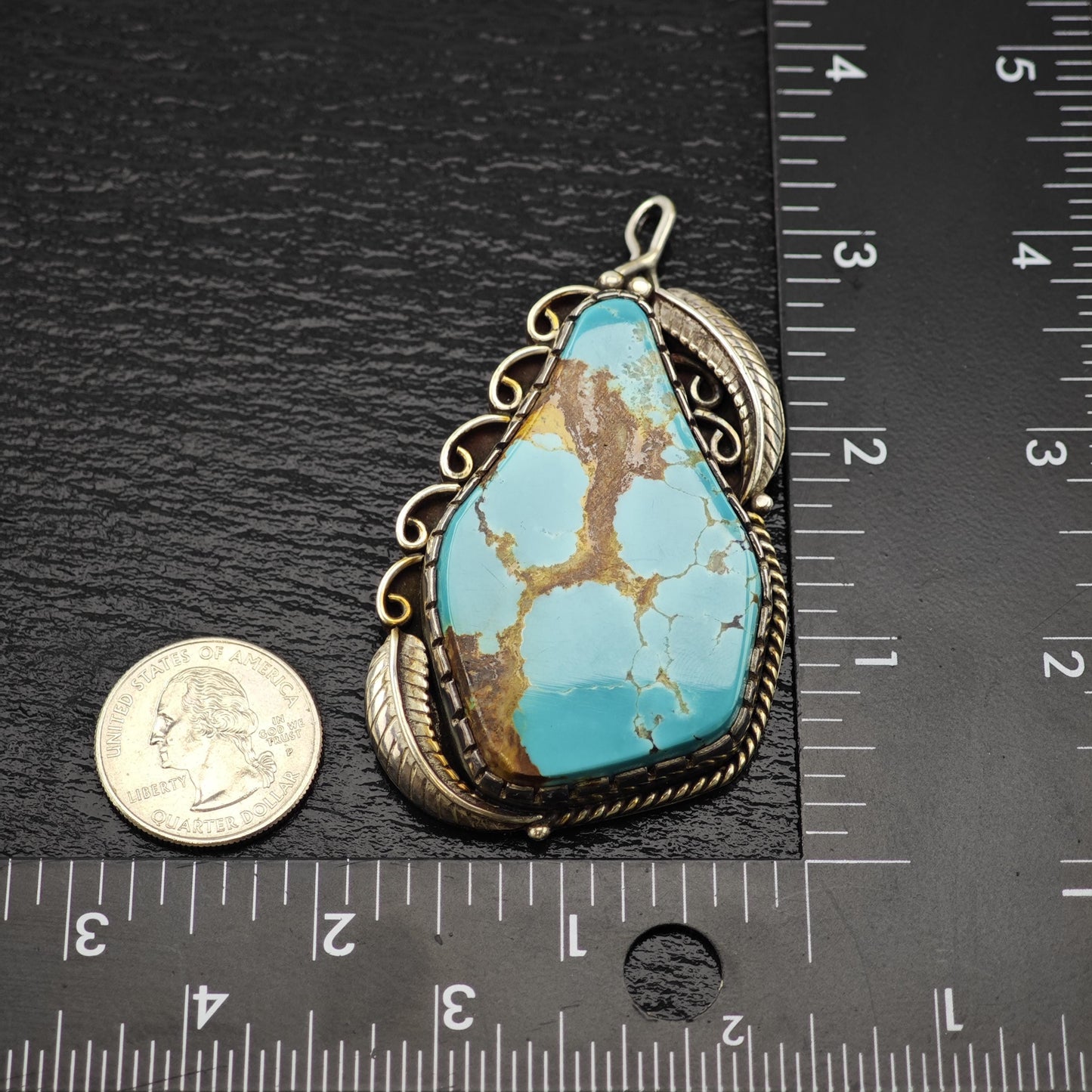 Lg Navajo Turquoise Feather Pendant Sterling Silver P2836