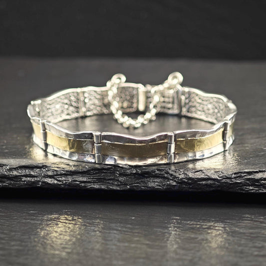 Vintage Two Tone Hammered Bracelet 14k Gold Sterling Silver