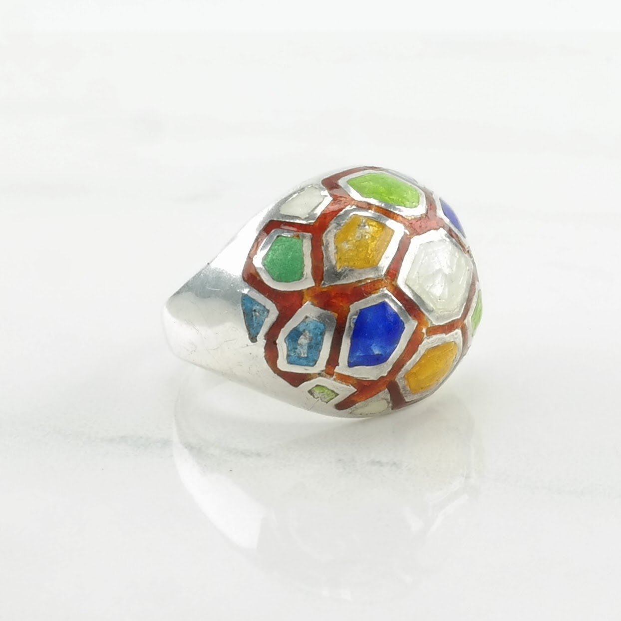 Vintage Sterling Silver Ring Enamel Honeycomb Size 7