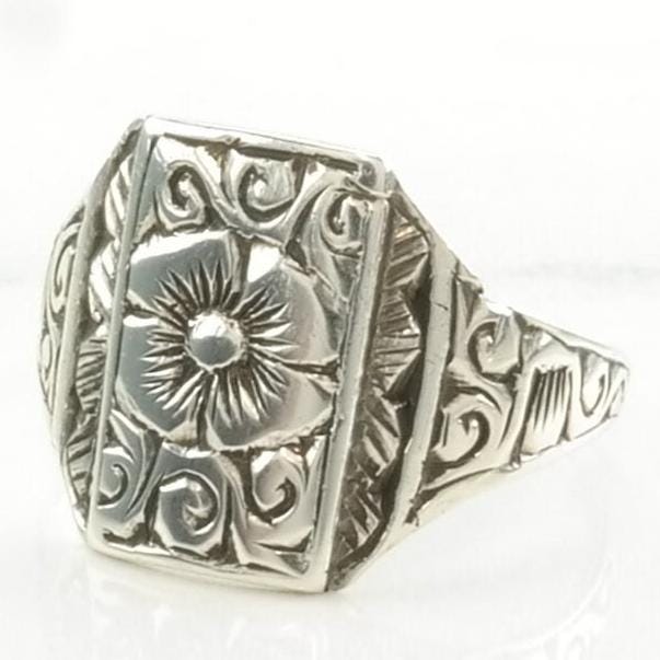 Vintage Antique Silver Ring Floral Hand Engraved Sterling Size 6 3/4, 7 1/4