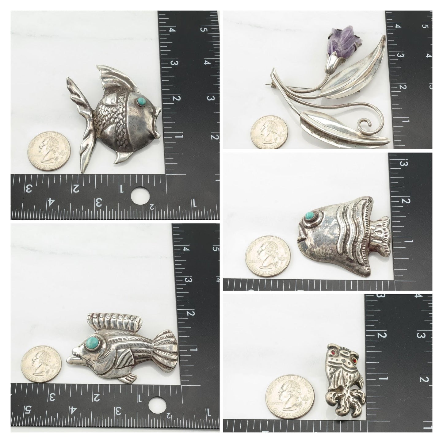 Choice Taxco Pre Eagle Sterling Silver Brooch Fish Flower Amethyst Turquoise B1984