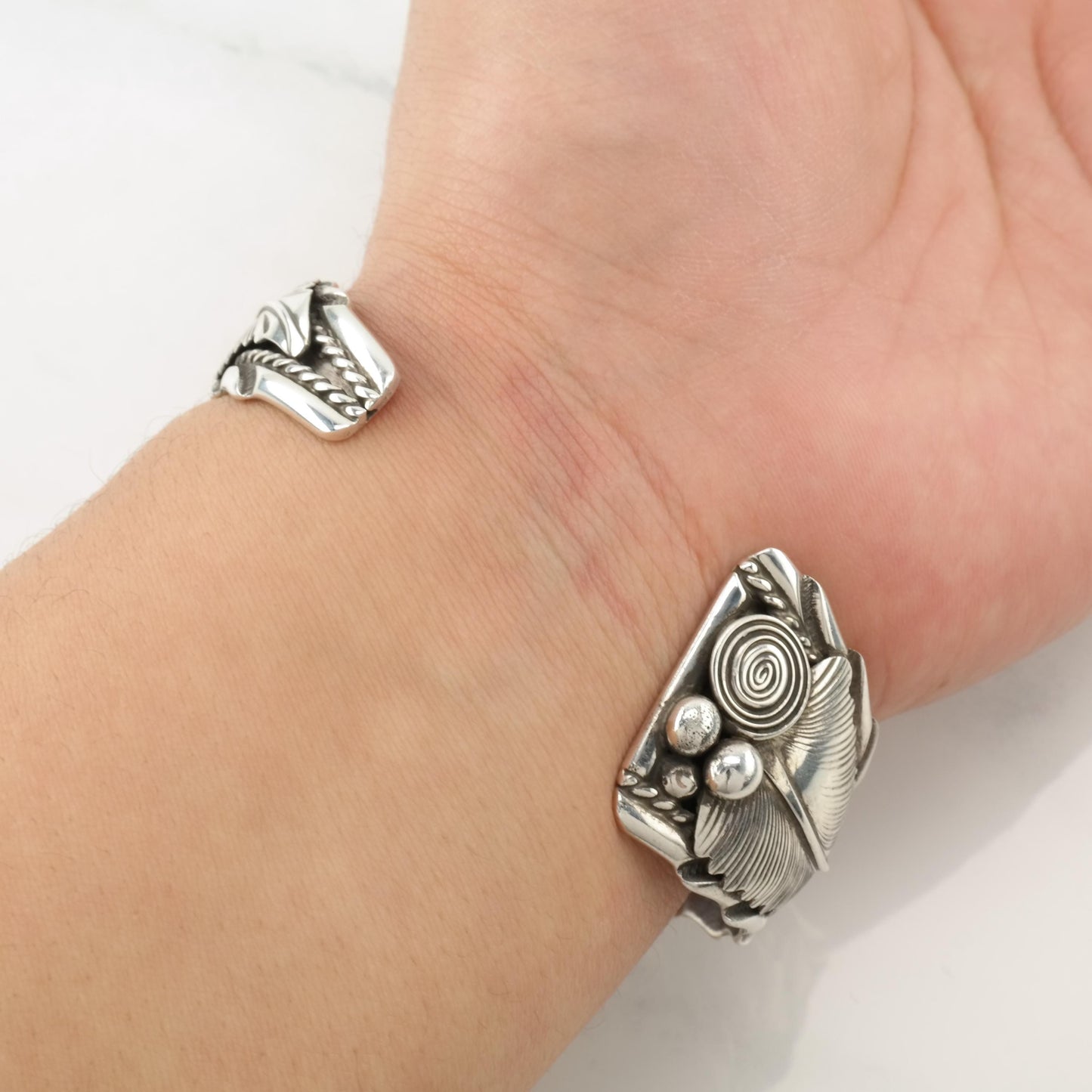 Signed Floral Cuff Bracelet Sterling Silver