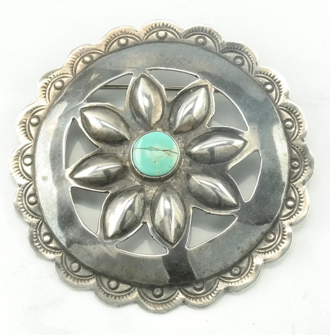 Southwestern Native American Sterling Silver Blue Turquoise Concho Brooch