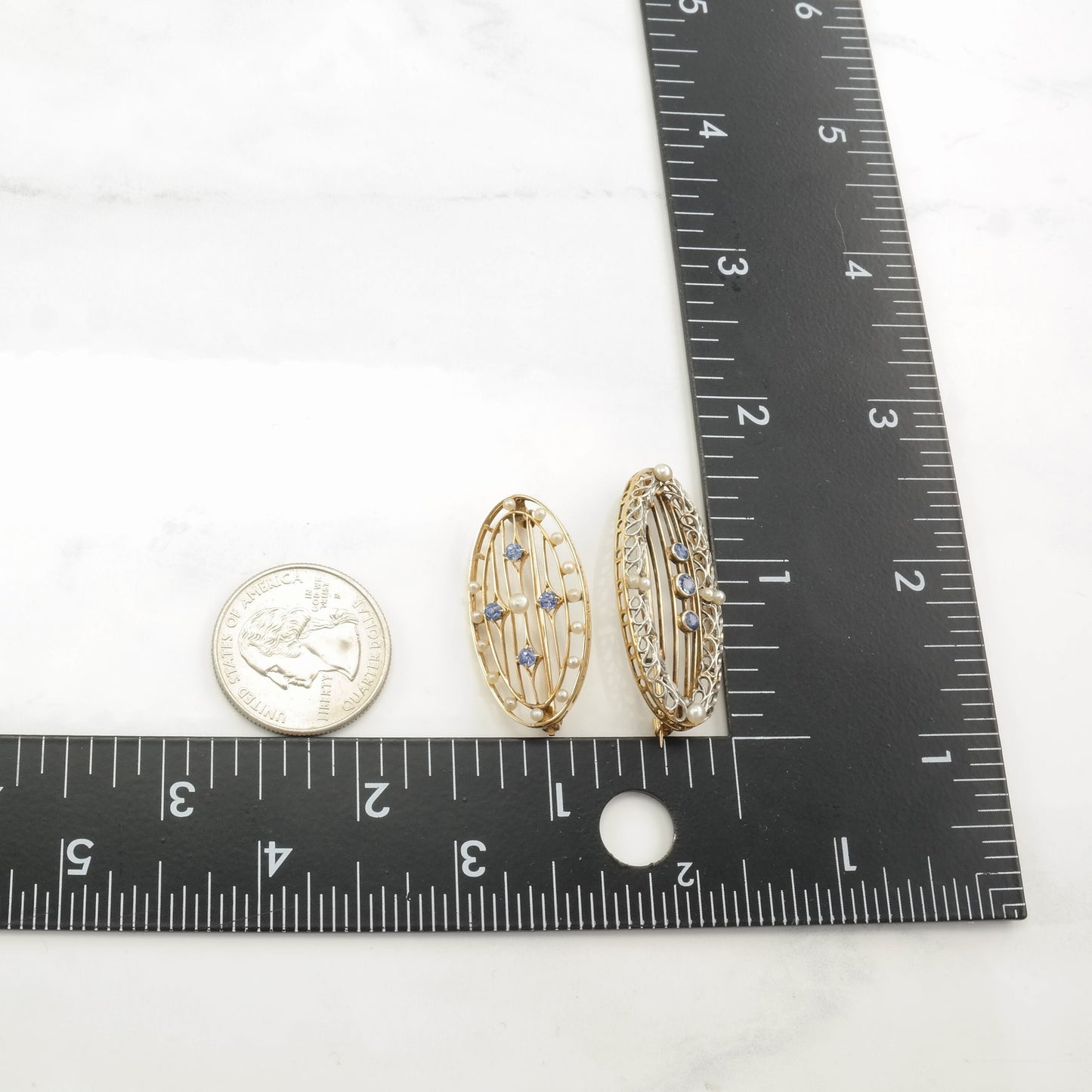 Art Deco Yogo Sapphire 14k Yellow Gold Brooch Seed Pearl Platinum Top B1659