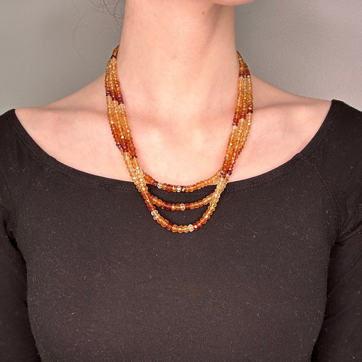 Vintage Sterling Silver Orange Citrine, 14K gold 3 Strand, Bead Necklace