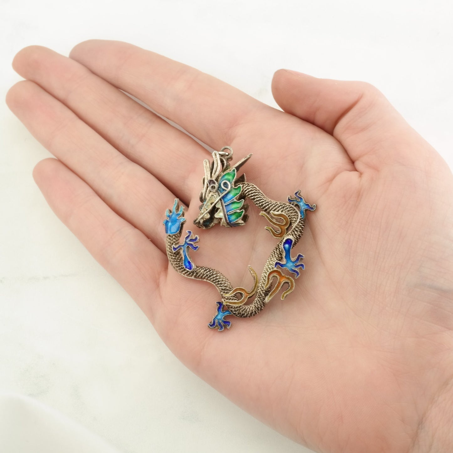 Vintage Chinese Export Enamel Dragon Sterling Silver Pendant