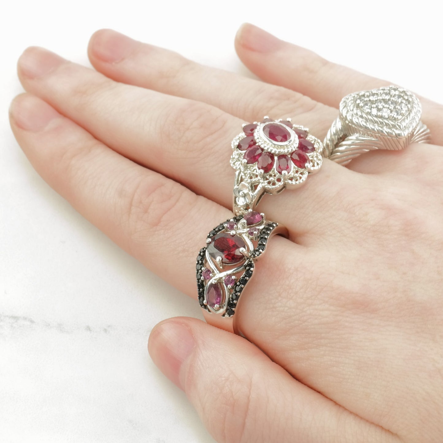 Vintage Sterling Silver Ring Raspberry Rhodolite Garnet Faceted Onyx Red, Purple, Black Size 11
