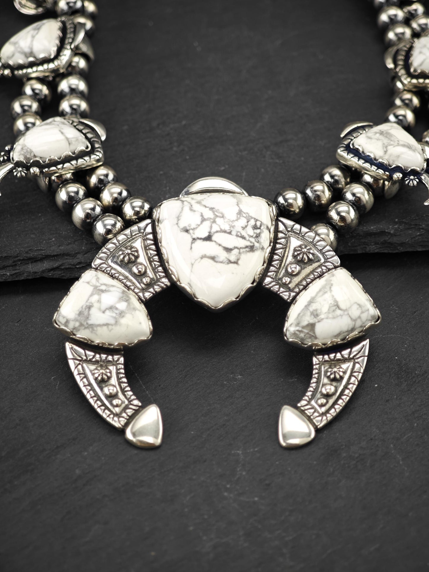 American West, Carolyn Pollack, Howlite Squash Blossom Necklace Sterling Silver