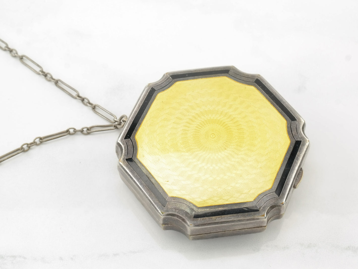 Vintage Yellow Enamel Ladies Compact Makeup Case Sterling Silver